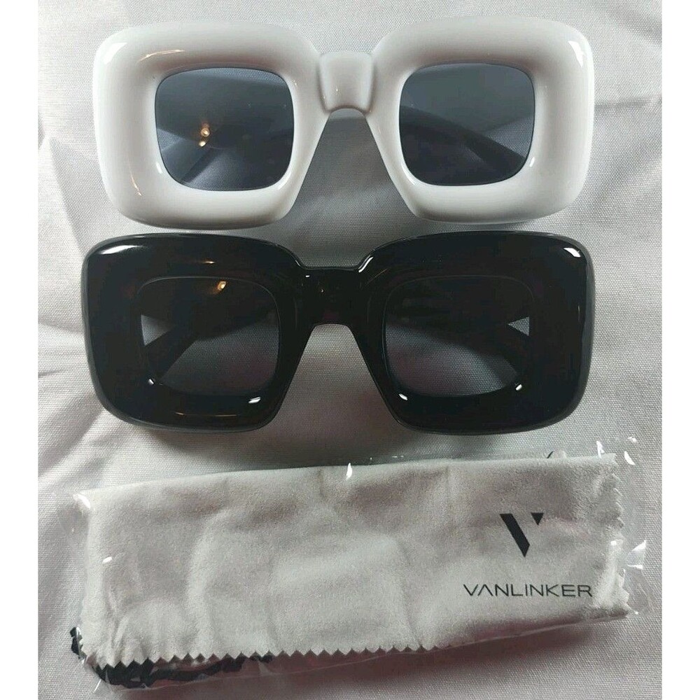 2 Pr VANLINKER Cute Square Inflated Sunglasses Women Men Trendy Chunky BLK/White